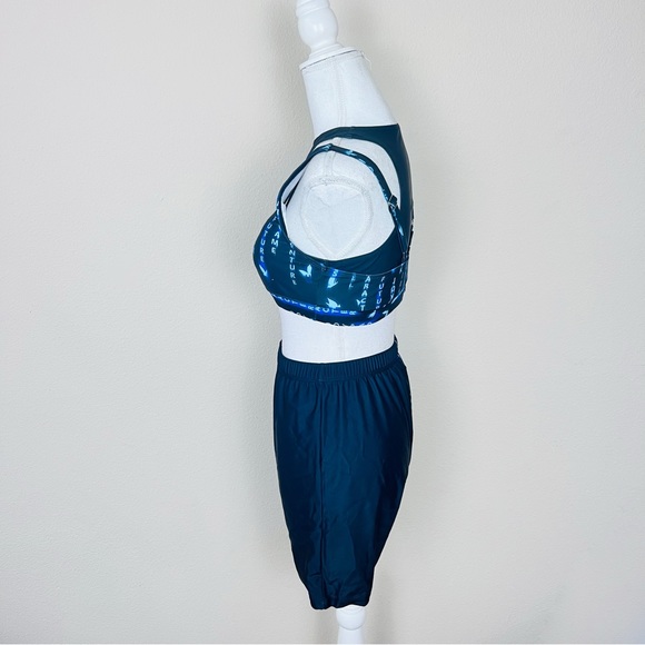 Blue Black Colorblock Matrix Futuristic Asymmetrical Crop Top & Biker Shorts Set - Picture 3 of 15